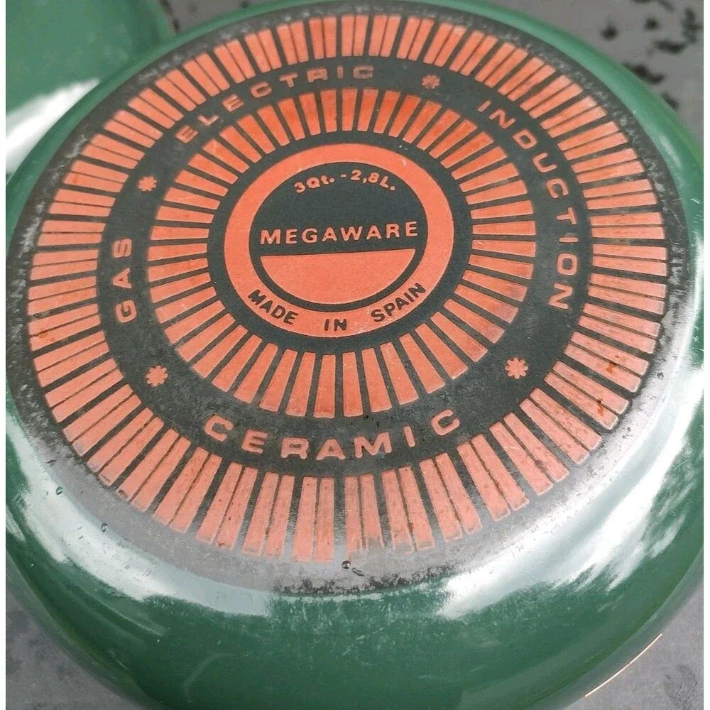 Vintage Megaware Sauce Pan Pot with Lid Spain 3 qt Ceramic Cookware Forest Green
